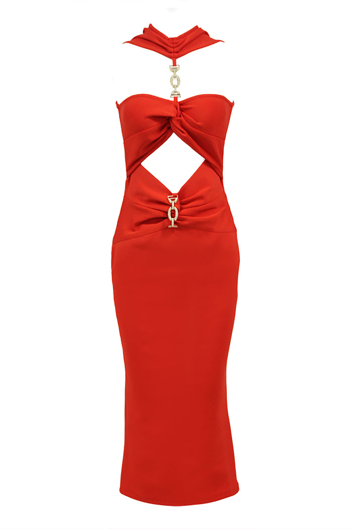 Halter Chain Cut Out Bandage Dress CHICIDA Halter Chain Cut Out Bandage Dress CHICIDA