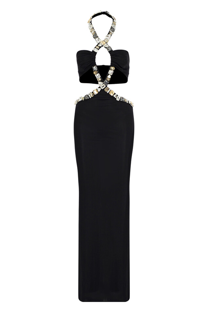 Halter Crystal-Trim Criss Maxi Dress