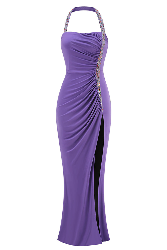 Halter Crystal Trim Split Gown