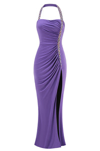 Halter Crystal Trim Split Gown