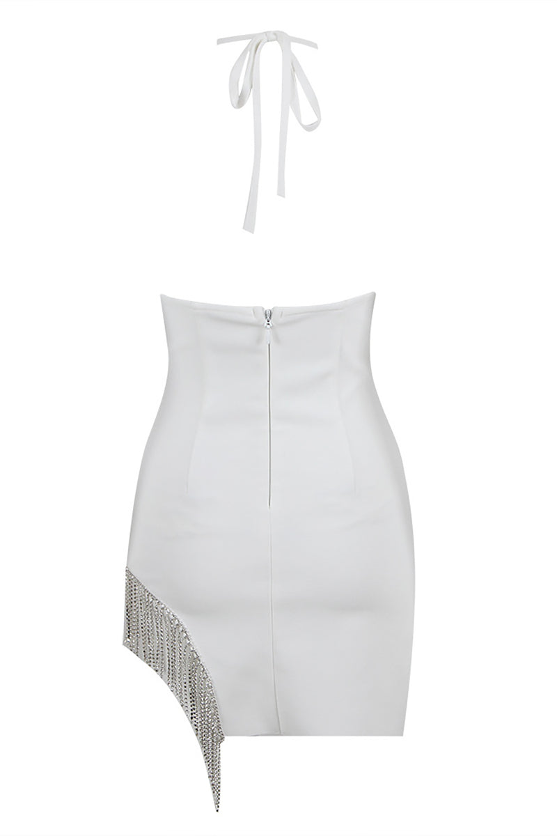 Halter Crystal Tassel Bandage Dress In White Black