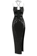 Halter Cutout Sequin Dress In Black