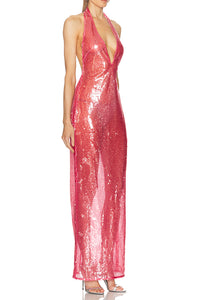 Halter Deep V Sheer Sequin Gown