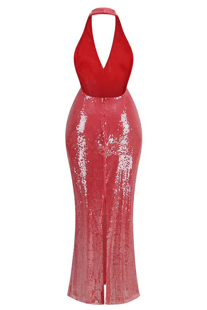 Halter Deep V Sheer Sequin Gown