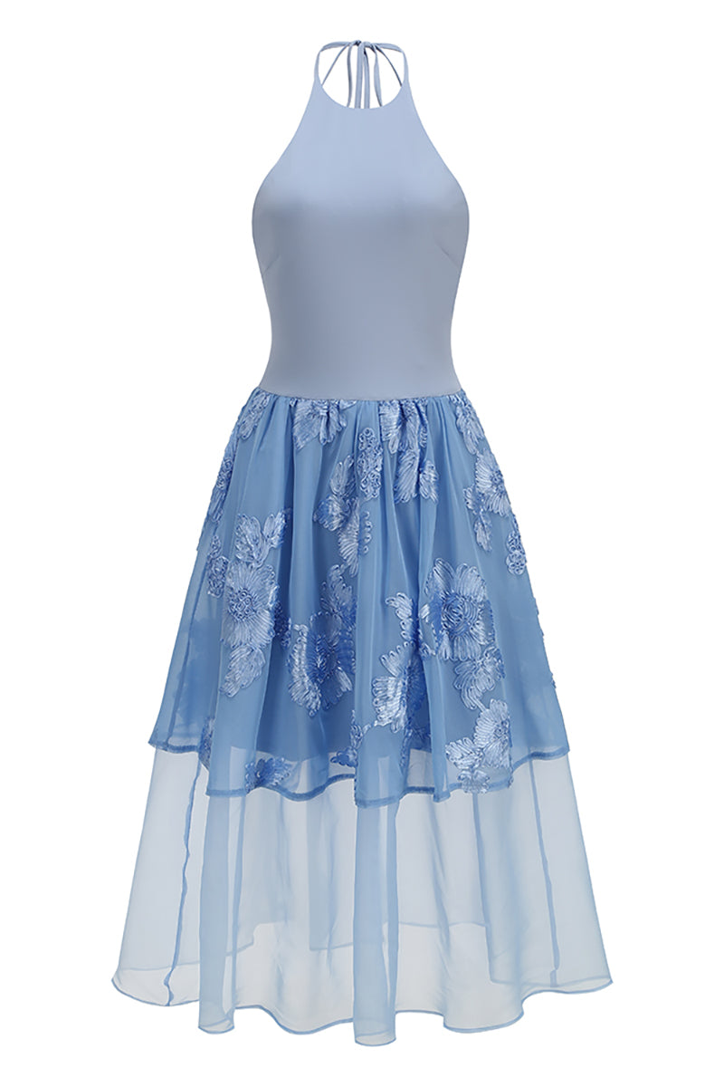 Halter Floral-embroidered Midi Dress in Blue