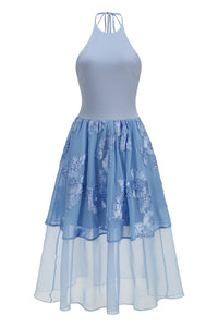 Halter Floral-embroidered Midi Dress in Blue