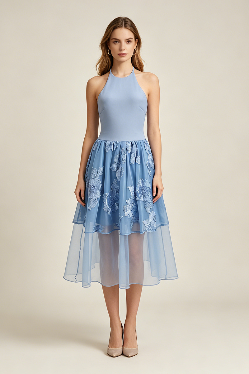 Halter Floral-embroidered Midi Dress in Blue