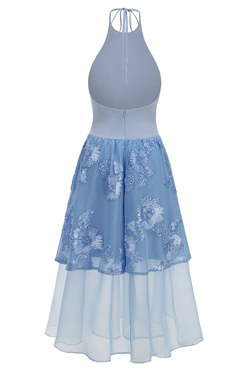 Halter Floral-embroidered Midi Dress in Blue