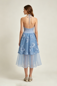 Halter Floral-embroidered Midi Dress in Blue