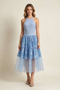Halter Floral-embroidered Midi Dress in Blue