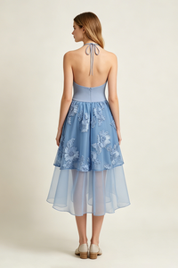 Halter Floral-embroidered Midi Dress in Blue