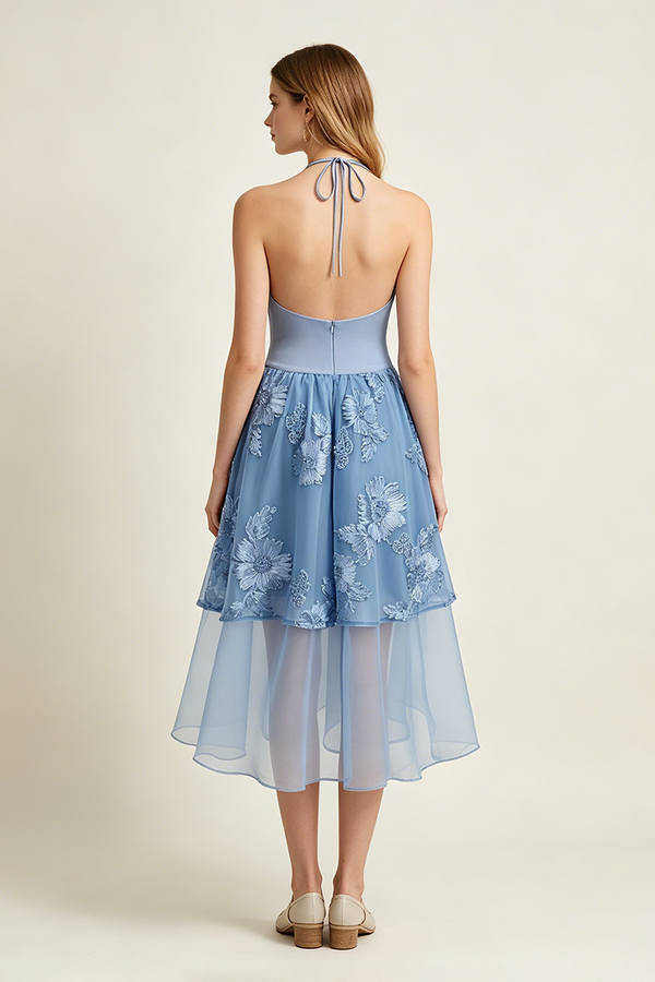 Halter Floral-embroidered Midi Dress in Blue