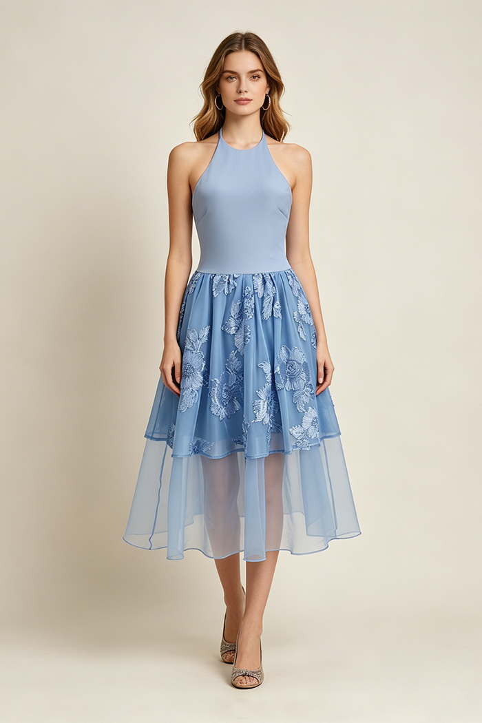 Halter Floral-embroidered Midi Dress in Blue