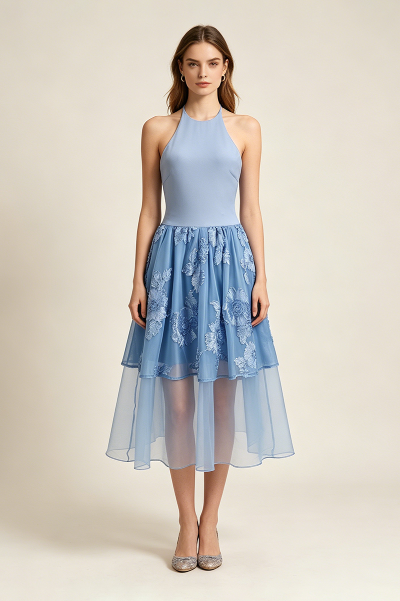 Halter Floral-embroidered Midi Dress in Blue