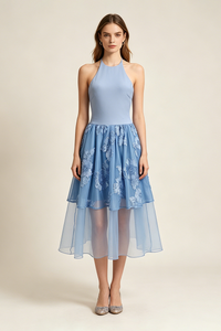Halter Floral-embroidered Midi Dress in Blue