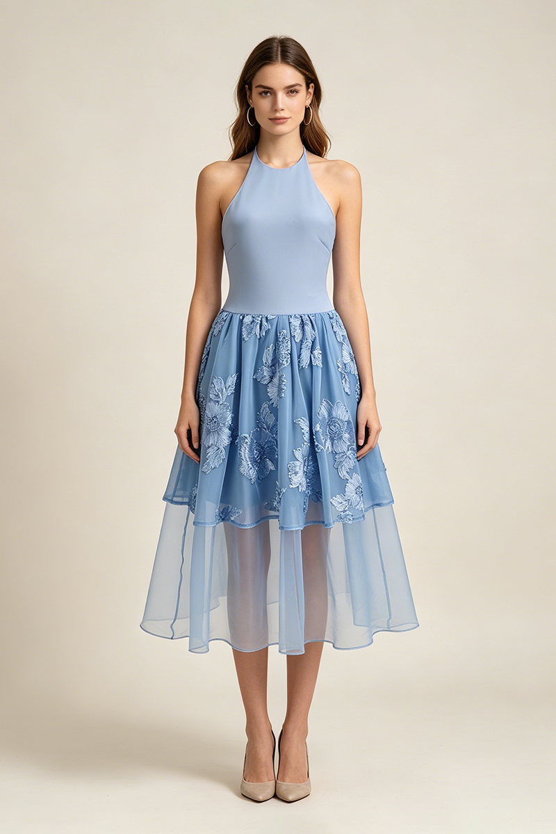 Halter Floral-embroidered Midi Dress in Blue