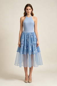 Halter Floral-embroidered Midi Dress in Blue