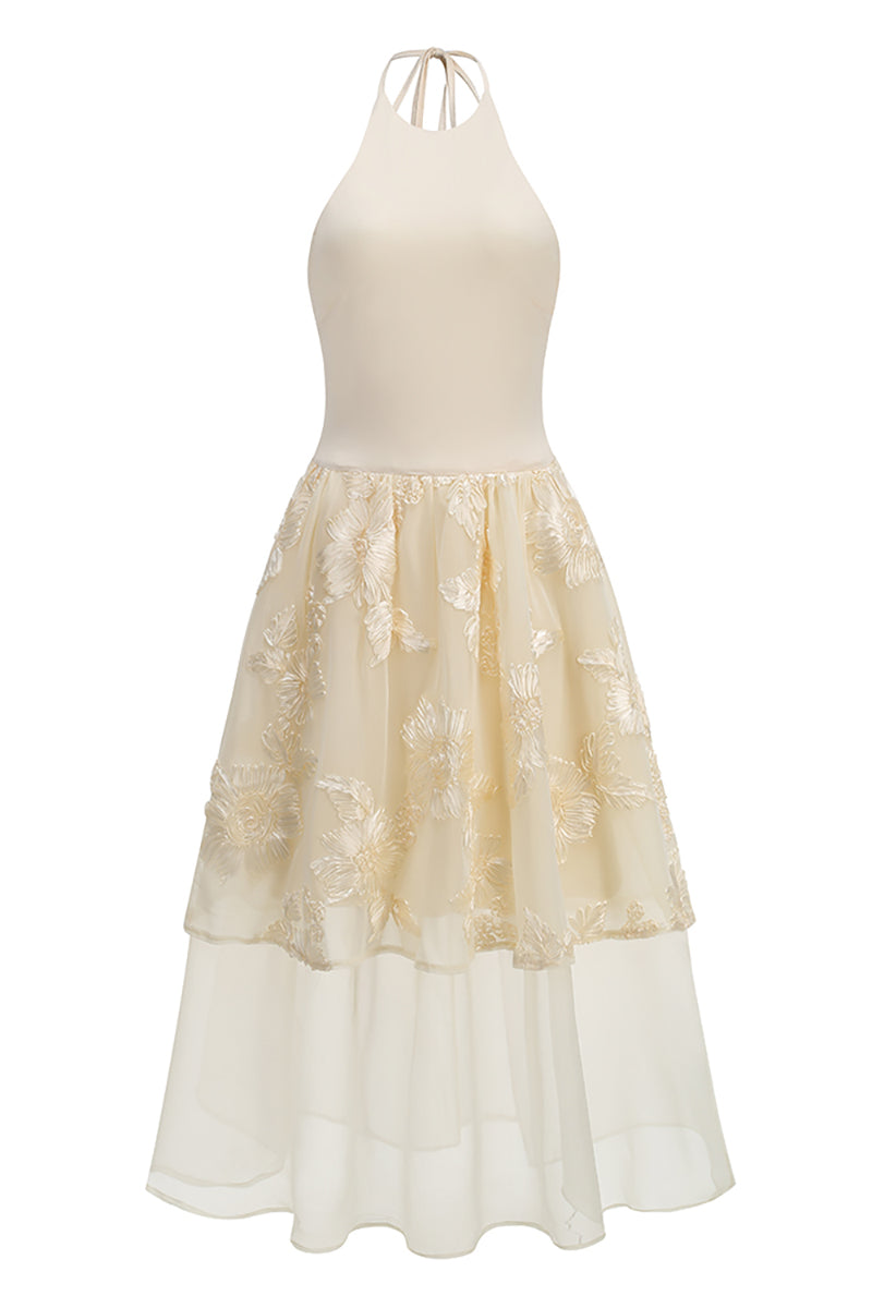 Halter Floral-embroidered Midi Dress in Beige
