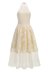 Halter Floral-embroidered Midi Dress in Beige
