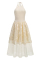 Halter Floral-embroidered Midi Dress in Beige