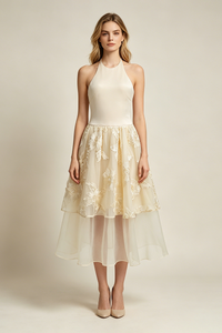 Halter Floral-embroidered Midi Dress in Beige