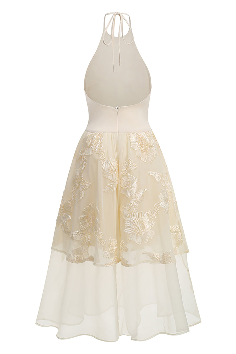 Halter Floral-embroidered Midi Dress in Beige
