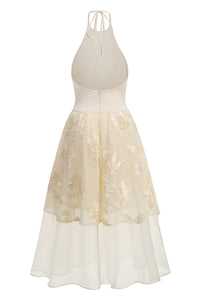 Halter Floral-embroidered Midi Dress in Beige