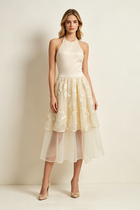 Halter Floral-embroidered Midi Dress in Beige