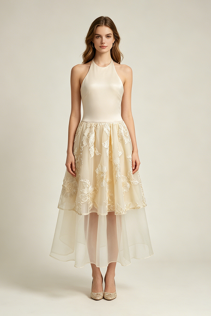 Halter Floral-embroidered Midi Dress in Beige