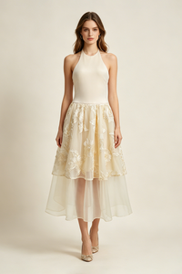 Halter Floral-embroidered Midi Dress in Beige