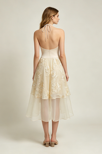 Halter Floral-embroidered Midi Dress in Beige