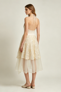 Halter Floral-embroidered Midi Dress in Beige