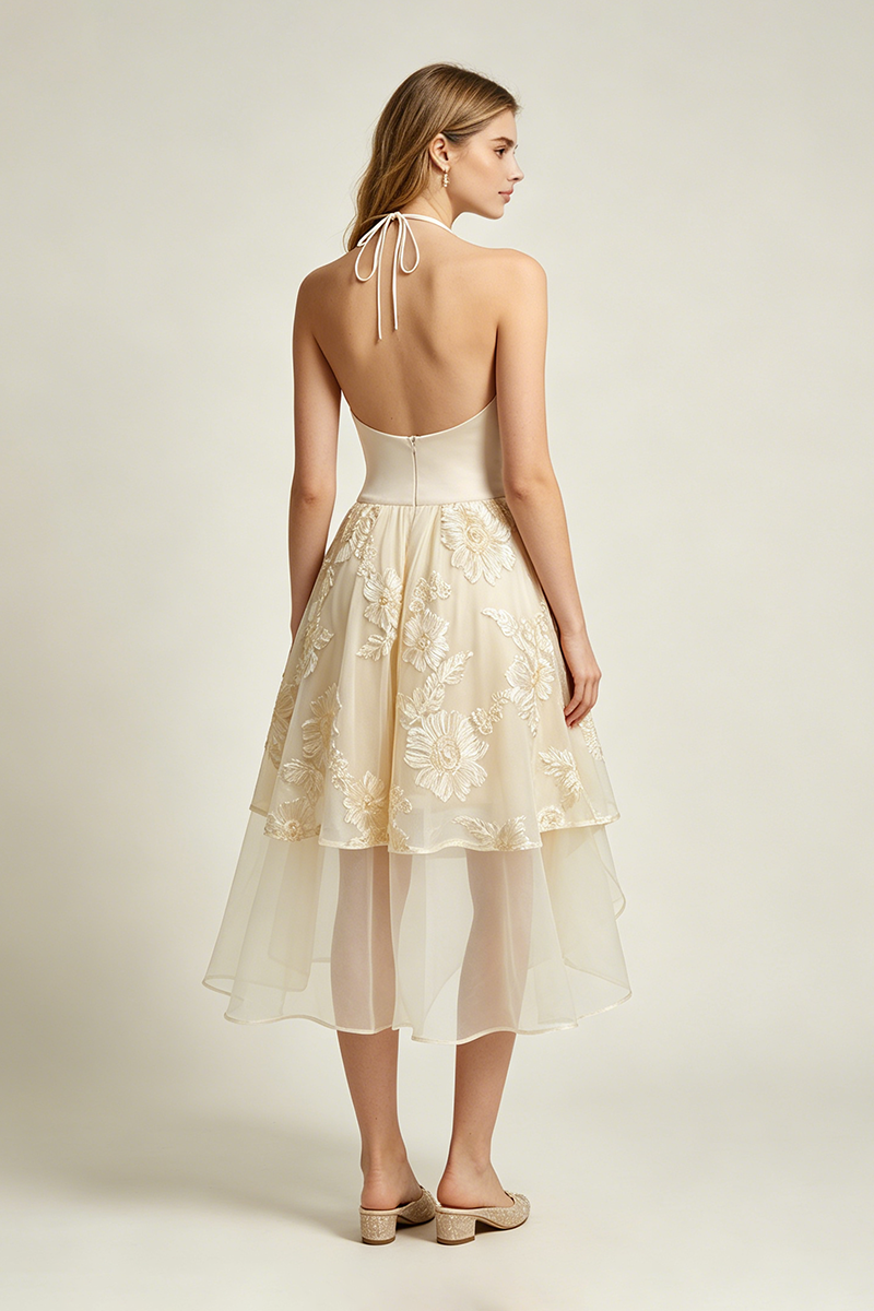 Halter Floral-embroidered Midi Dress in Beige