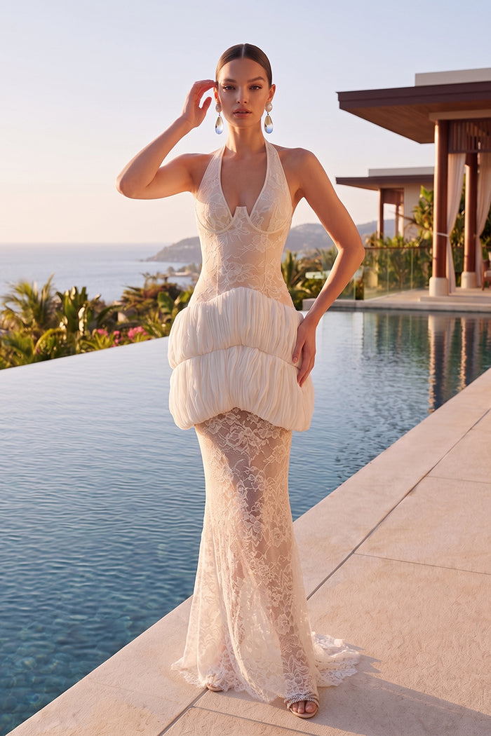 Halter Floral Applique Tiered Maxi Dress in White