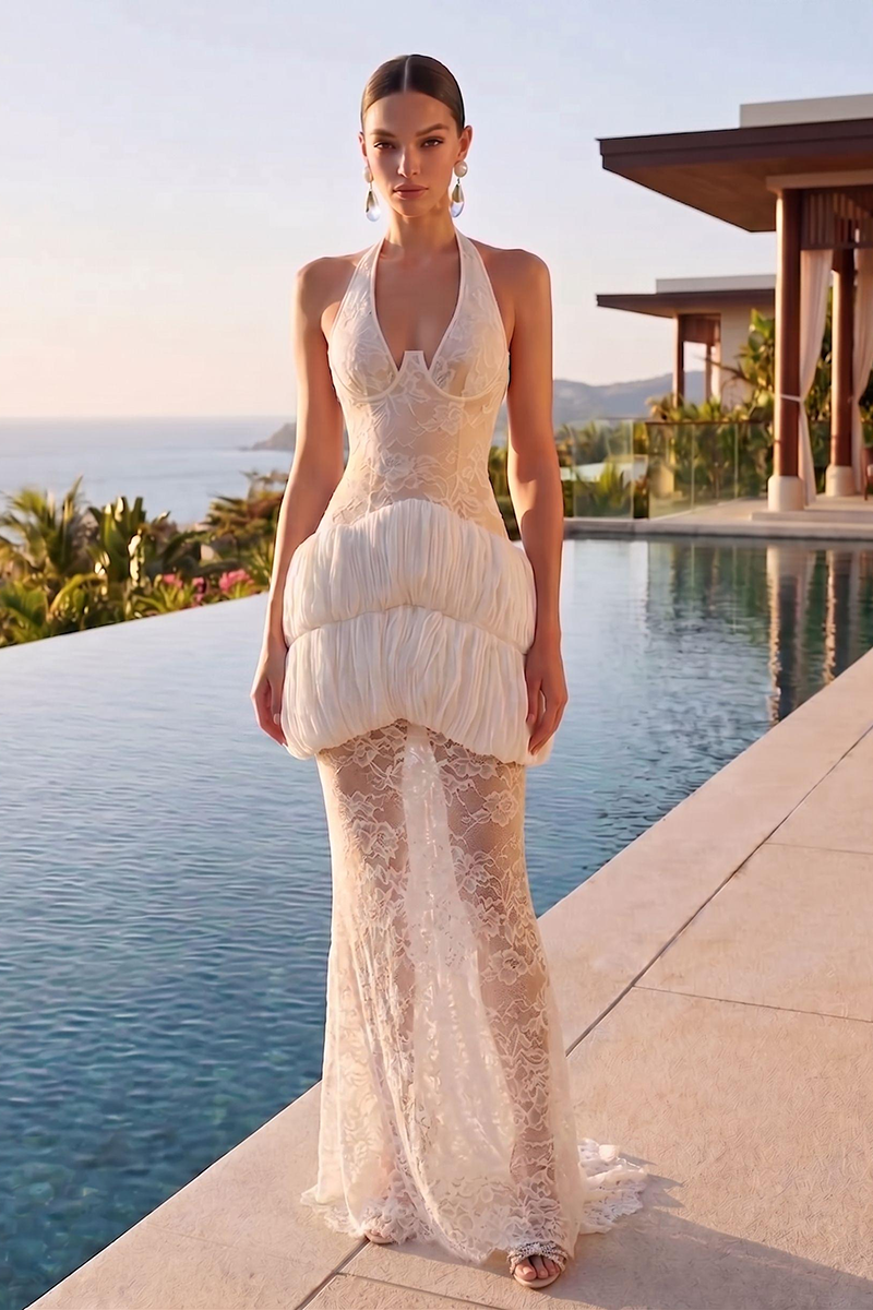 Halter Floral Applique Tiered Maxi Dress in White