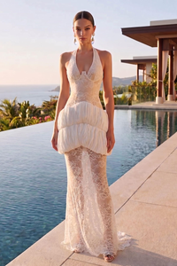 Halter Floral Applique Tiered Maxi Dress in White
