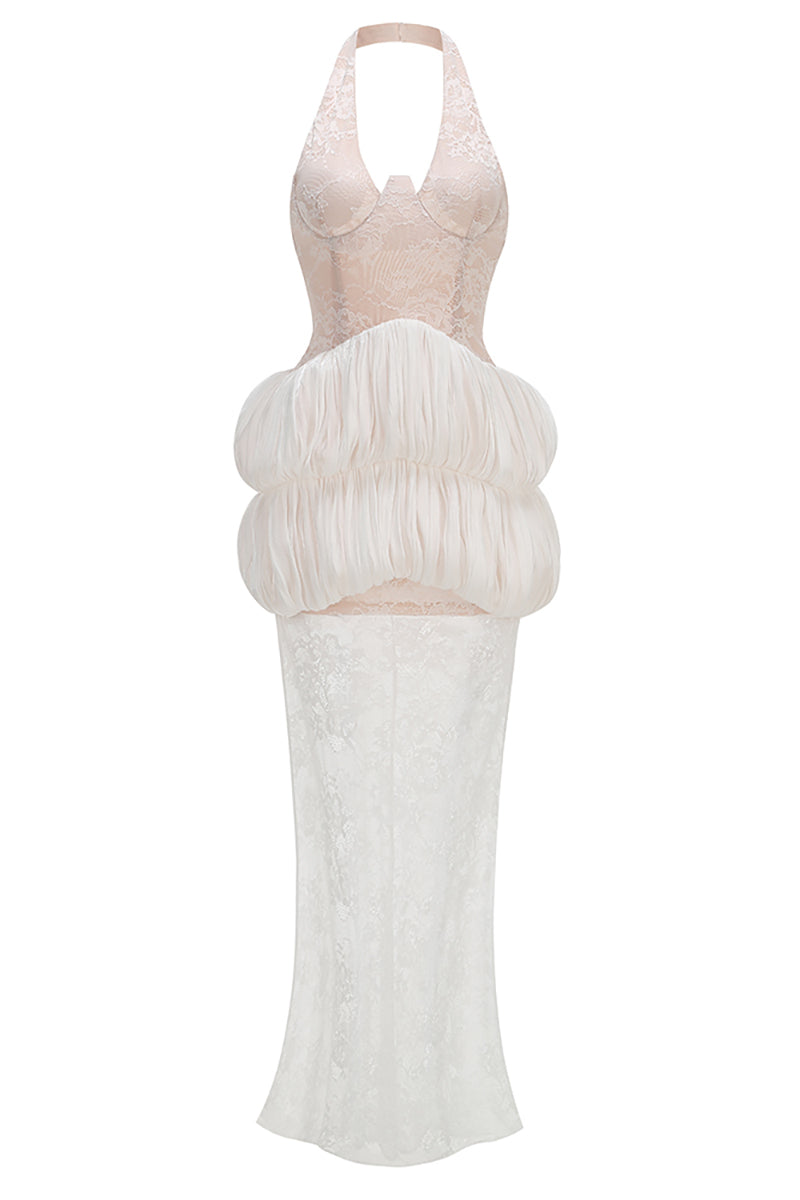 Halter Floral Applique Tiered Maxi Dress in White