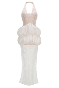 Halter Floral Applique Tiered Maxi Dress in White