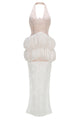 Halter Floral Applique Tiered Maxi Dress in White