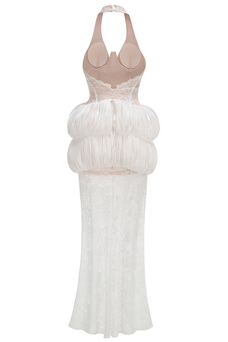 Halter Floral Applique Tiered Maxi Dress in White