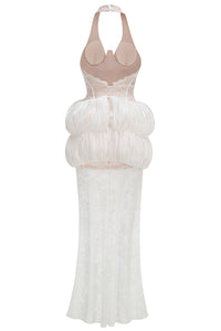 Halter Floral Applique Tiered Maxi Dress in White