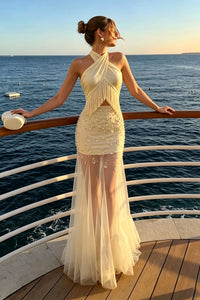 Halter Fringed Beaded Tulle Mermaid Evening Gown in Yellow