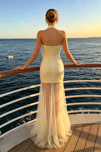Halter Fringed Beaded Tulle Mermaid Evening Gown in Yellow