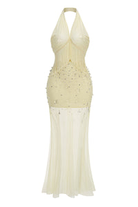 Halter Fringed Beaded Tulle Mermaid Evening Gown in Yellow