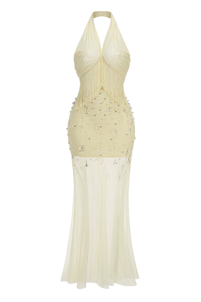 Halter Fringed Beaded Tulle Mermaid Evening Gown in Yellow