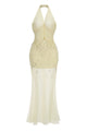 Halter Fringed Beaded Tulle Mermaid Evening Gown in Yellow