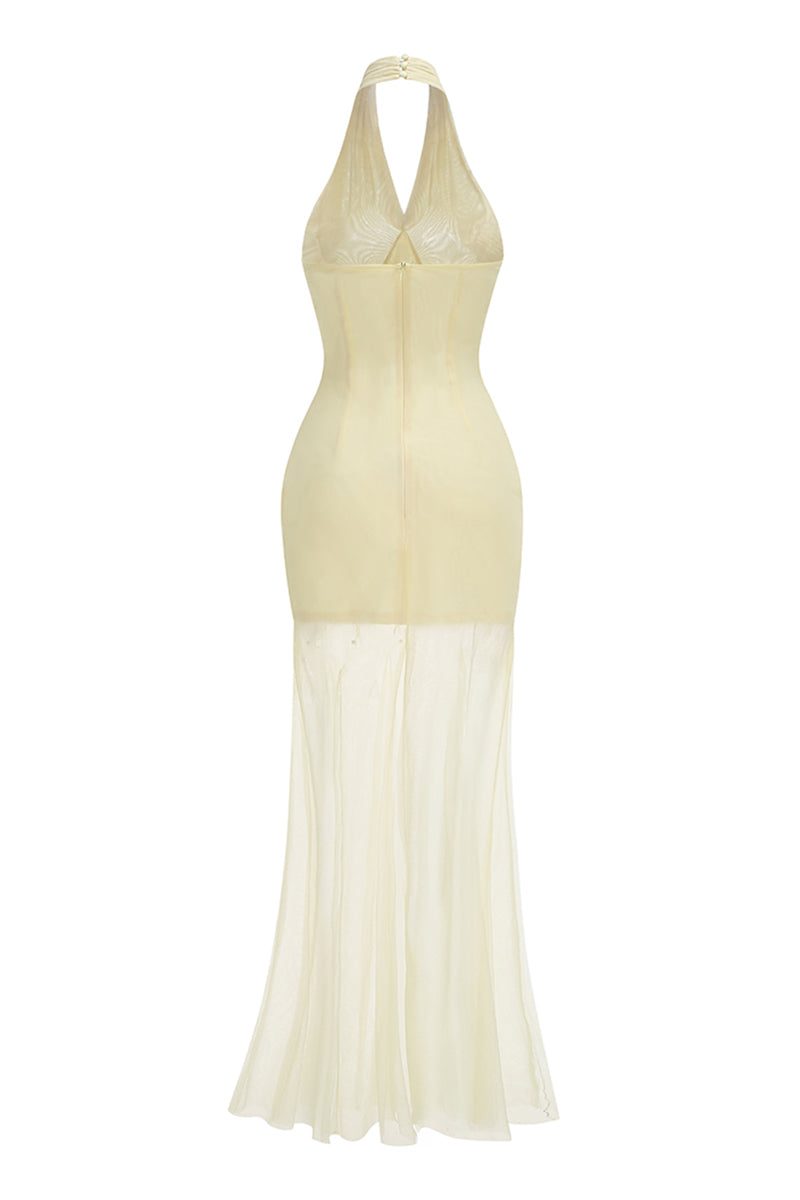 Halter Fringed Beaded Tulle Mermaid Evening Gown in Yellow