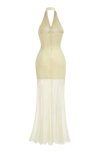 Halter Fringed Beaded Tulle Mermaid Evening Gown in Yellow