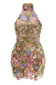 Halter Iris Floral Embroidery Mini Dress in Pink Purple Multi