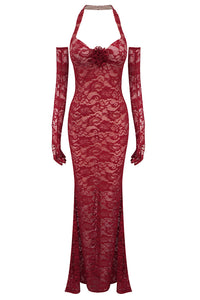 Halter Lace Embellished Mermaid Maxi Dress With Gloves